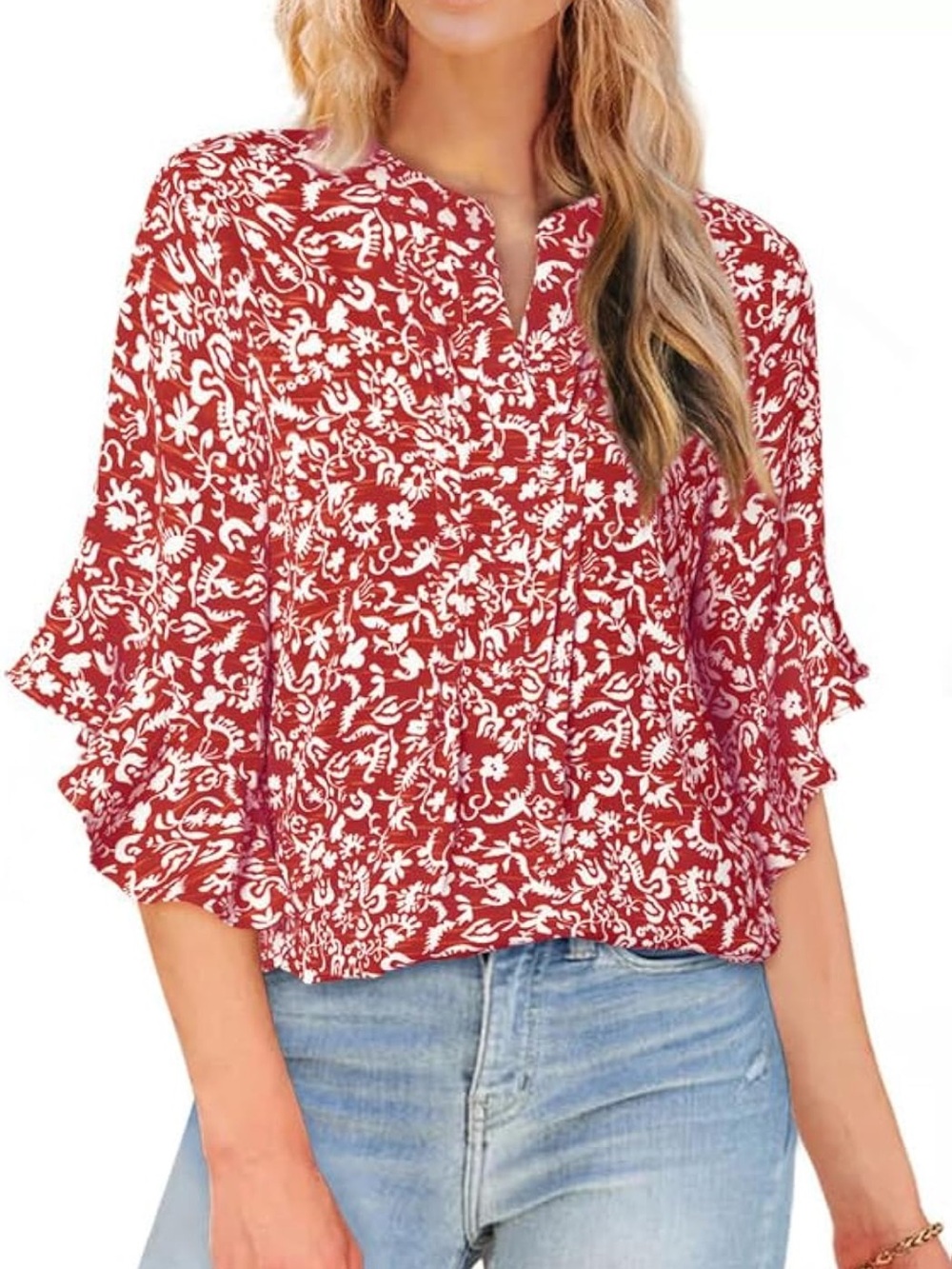 Shewin Red Floral Split-Neck Women's Blouse Size Large